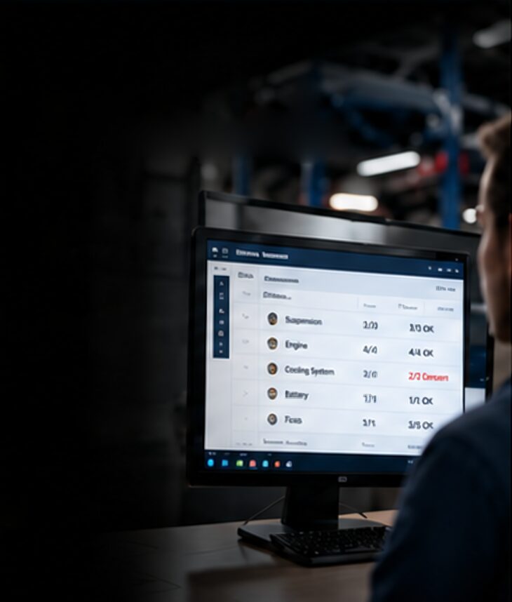 A service advisor at a desk reviews an inspection summary on a monitor in a dealership service drive