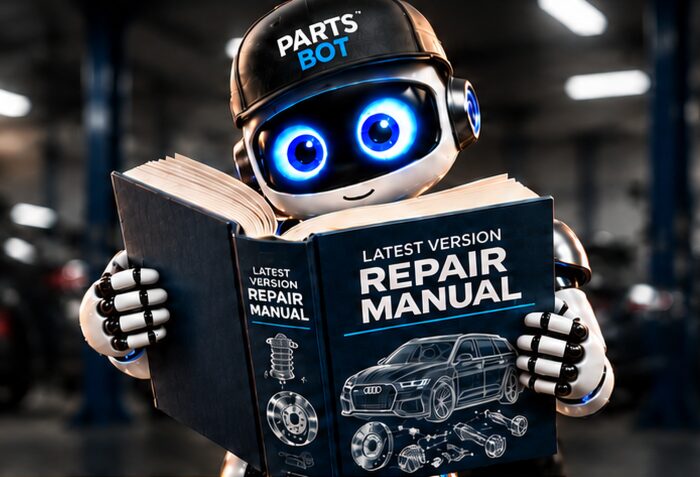 The PartsBot robot in a service bay, reading a book titled Latest Version Repair Manual