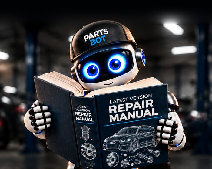 The PartsBot robot in a service bay, reading a book titled Latest Version Repair Manual