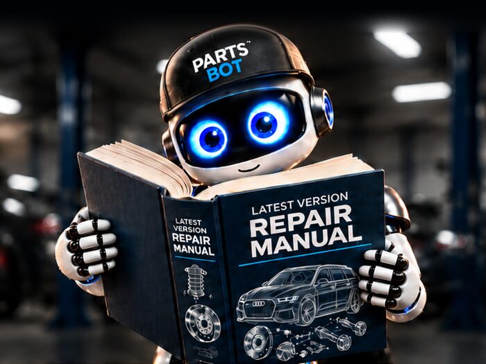 The PartsBot robot in a service bay, reading a book titled Latest Version Repair Manual